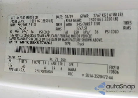 2019 Ford F-150 Xl из США, поврежденный, VIN 1FTMF1CB9KKE70263